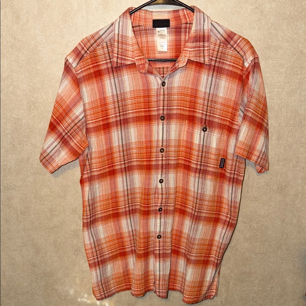 Patagonia Men's Orange Plaid Short Sleeve Shirt Size Large 100% organic cotton